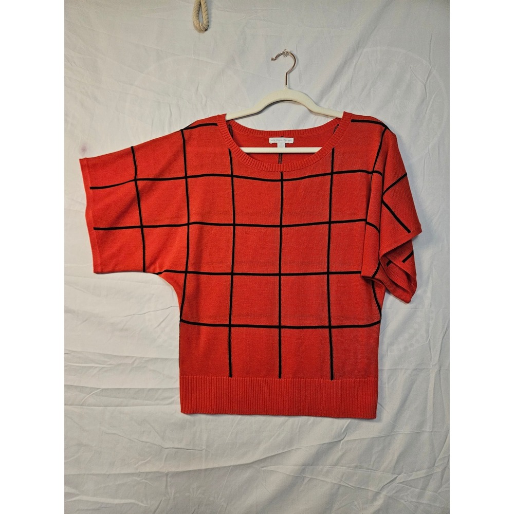New York & Company Knit Top Women XS Red Windowpane Kimono Sleeve Lagenlook #832